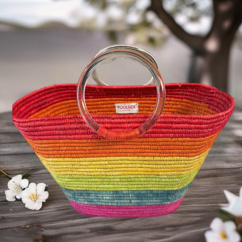 POOLSIDE Multi Color Raffia Tote with Metal Handles
